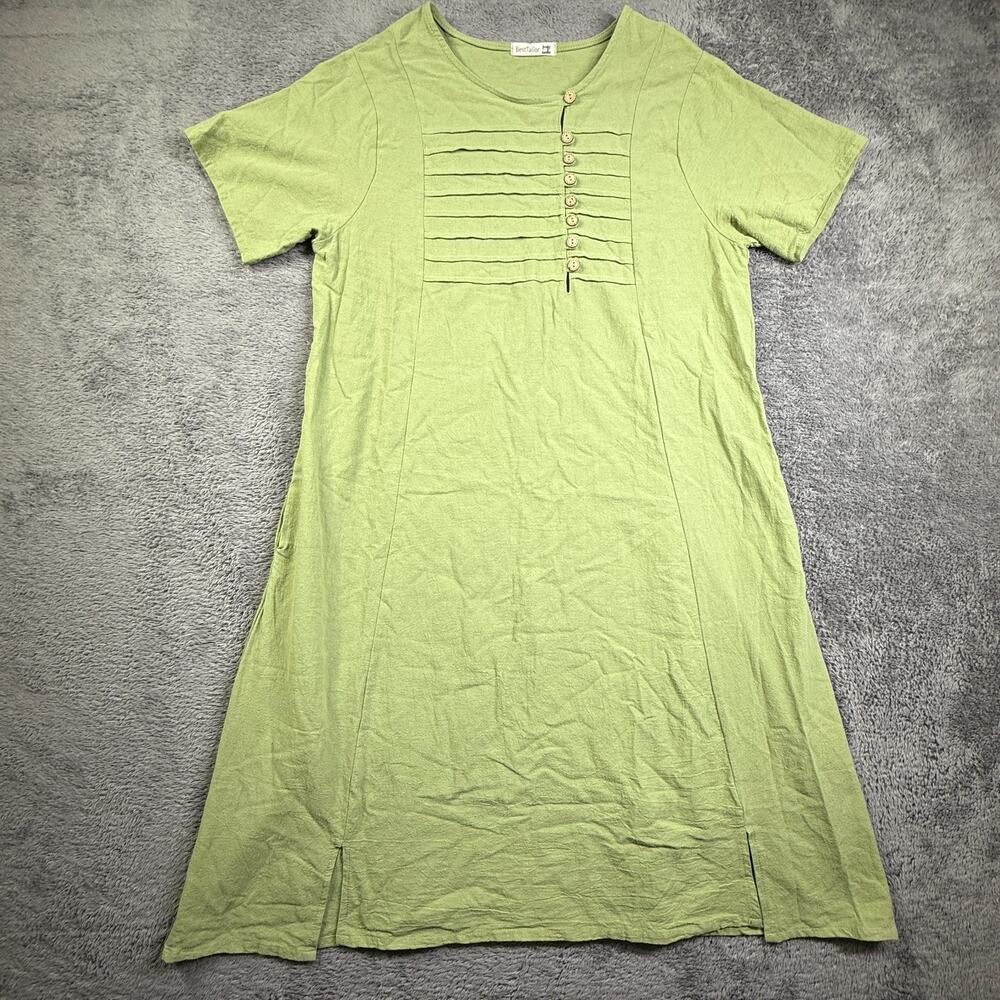 BestTailor Short Sleeve Lagenlook Dress Women's Green Pleated Button Front Shift